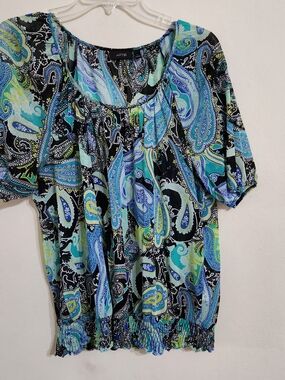 Apt. 9 Women's Paisley Short Sleeve Blouse in Teal/Black
